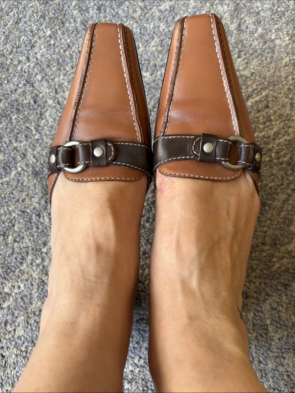 Coach Tan and Dark Brown Leather Square-Toe Slip-On Mules in 7